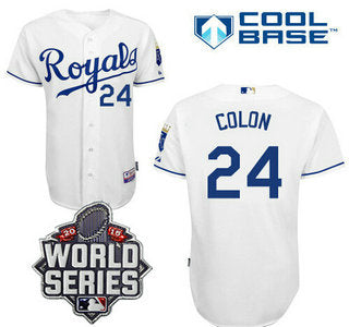 Mens Kansas City Royals 24 Christian Colon White Home Baseball Jersey With 2015 World Series Patch
