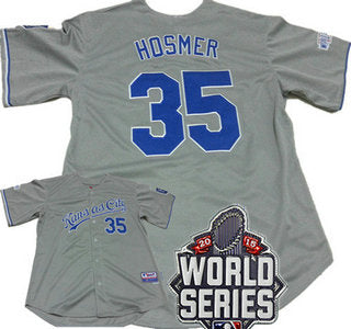 Mens Kansas City Royals 35 Eric Hosmer Gray Away Baseball Jersey With 2015 World Series Patch
