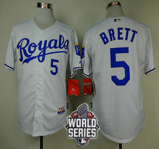 Mens Kansas City Royals 5 George Brett White Home Baseball Jersey With 2015 World Series Patch