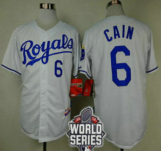 Mens Kansas City Royals 6 Lorenzo Cain White Home Baseball Jersey With 2015 World Series Patch