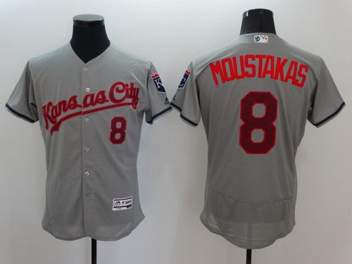 Mens Kansas City Royals 8 Mike Moustakas Gray Fashion Stars Stripes 2016 Flexbase Majestic Jersey