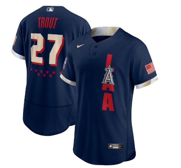 Mens Los Angeles Angels 27 Mike Trout 2021 Navy All star Flex Base Stitched Mlb Jersey