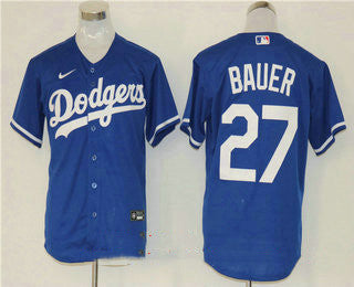 Mens Los Angeles Dodgers 27 Trevor Bauer Blue Stitched Mlb Cool Base Nike Jersey