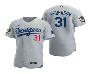 Mens Los Angeles Dodgers 31 Joc Pederson Gray 2020 World Series Authentic Flex Nike Jersey