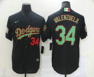 Mens Los Angeles Dodgers 34 Fernando Valenzuela Black Green Mexico 2020 World Series Stitched Mlb Jersey