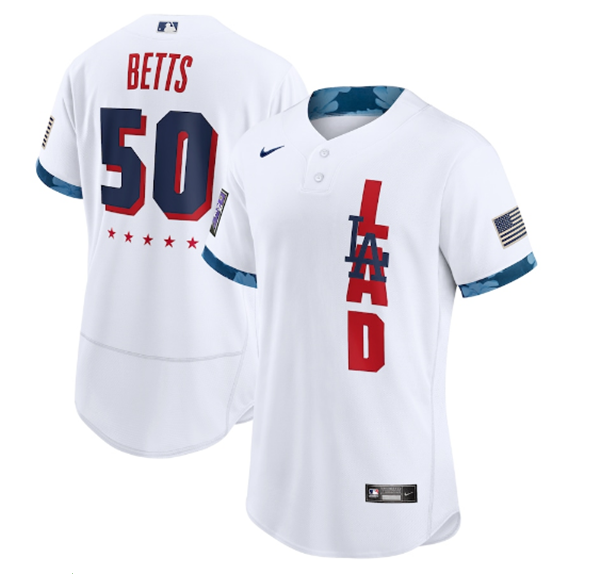 Mens Los Angeles Dodgers 50 Mookie Betts 2021 White All star Flex Base Stitched Mlb Jersey