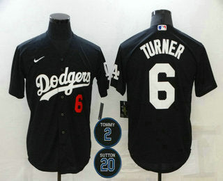 Mens Los Angeles Dodgers 6 Trea Turner Black 2 20 Patch Stitched Number Mlb Cool Base Nike Jersey