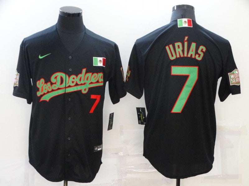 Mens Los Angeles Dodgers 7 Julio Urias Black With Los Angeles Green Mexico 2020 World Series Stitched Mlb Jersey