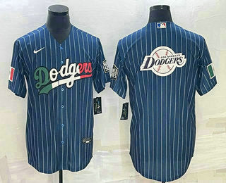 Mens Los Angeles Dodgers Big Logo Navy Blue Pinstripe Stitched Mlb Cool Base Nike Jersey5