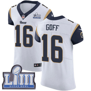 Mens Los Angeles Rams 16 Jared Goff White Nike Nfl Road Vapor Untouchable Super Bowl Liii Bound Elite Jersey
