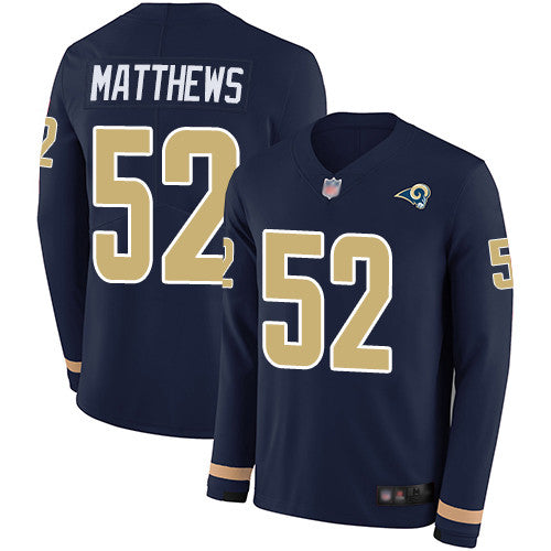 Mens Los Angeles Rams 52 Clay Matthews Navy Blue Team Color Mens Stitched Football Limited Therma Long Sleeve Jersey