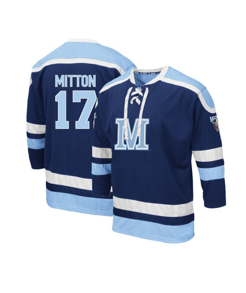 Men's Maine Black Bears #17 Ross Mitton Navy Blue Hockey Jersey