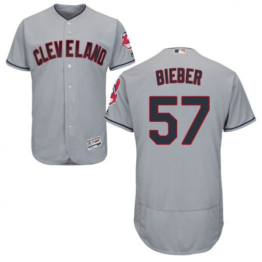 Mens Majestic 57 Shane Bieber Cleveland Indians Authentic Gray Flex Base Road Collection Jersey