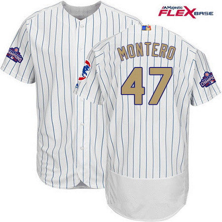 Mens Majestic Chicago Cubs 47 Miguel Montero White World Series Champions Gold Stitched Mlb Majestic 2017 Flex Base Jersey