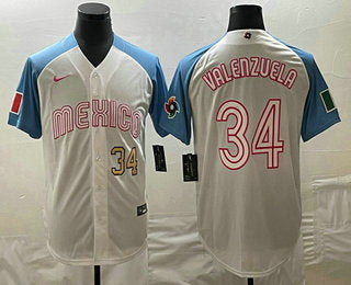 Mens Mexico Baseball 34 Fernando Valenzuela Number 2023 White Blue World Classic Stitched Jersey