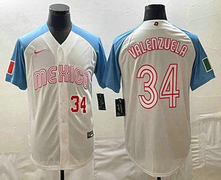 Mens Mexico Baseball 34 Fernando Valenzuela Number 2023 White Blue World Classic Stitched Jersey2