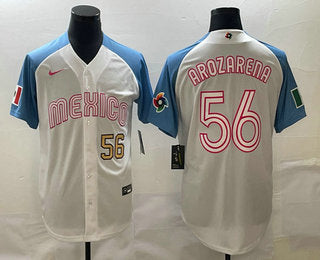 Mens Mexico Baseball 56 Randy Arozarena Number 2023 White Blue World Classic Stitched Jerseys