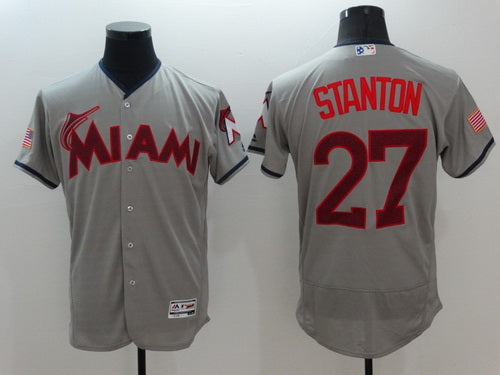 Mens Miami Marlins 27 Giancarlo Stanton Gray Fashion Stars Stripes 2016 Flexbase Mlb Independence Day Jersey