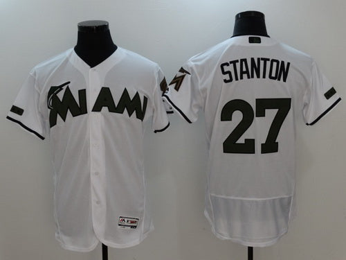 Mens Miami Marlins 27 Giancarlo Stanton Whtie With Green Memorial Day Stitched Mlb Majestic Flex Base Jersey
