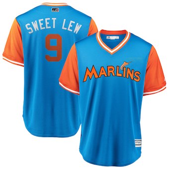 Mens Miami Marlins 9 Lewis Brinson Sweet Lew Majestic Light Blue 2018 Players Weekend Cool Base Jersey
