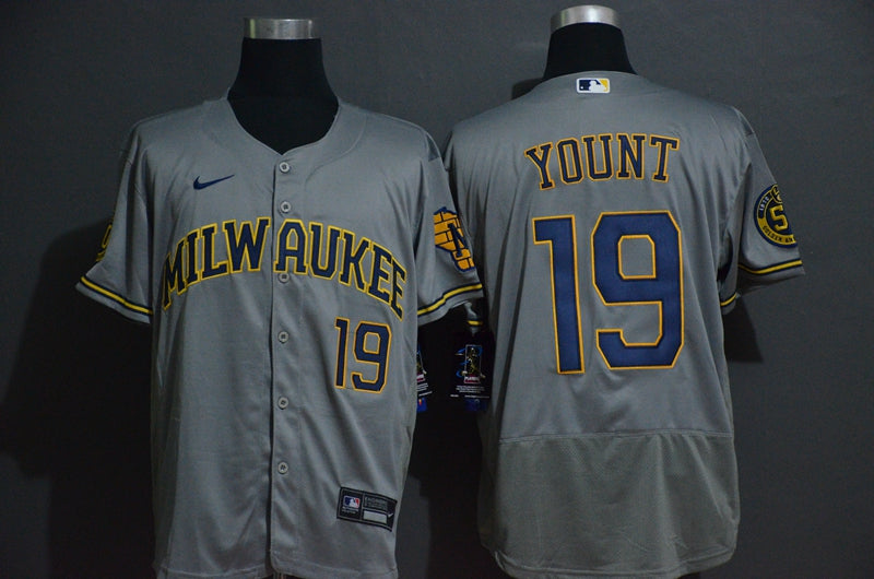 Mens Milwaukee Brewers 19 Robin Yount Grey Stitched Mlb Flex Base Nike Jersey