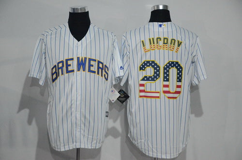 Mens Milwaukee Brewers 20 Jonathan Lucroy White Pinstripe Usa Flag Fashion Mlb Baseball Jersey