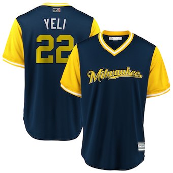 Mens Milwaukee Brewers 22 Christian Yelich Yeli Majestic Navy 2018 Players Weekend Cool Base Jersey