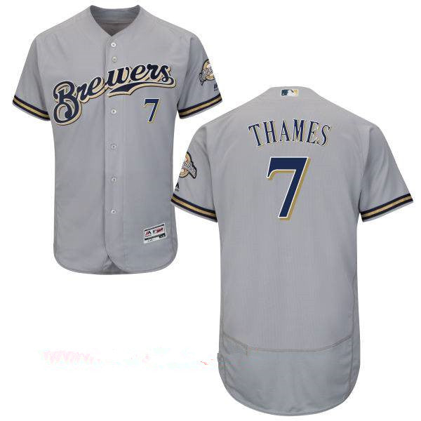 Mens Milwaukee Brewers 7 Eric Thames Gray Road Stitched Mlb Majestic Flex Base Jersey