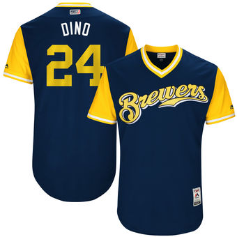 Mens Milwaukee Brewers Jesus Aguilar Dino Majestic Navy 2017 Players Weekend Authentic Jersey