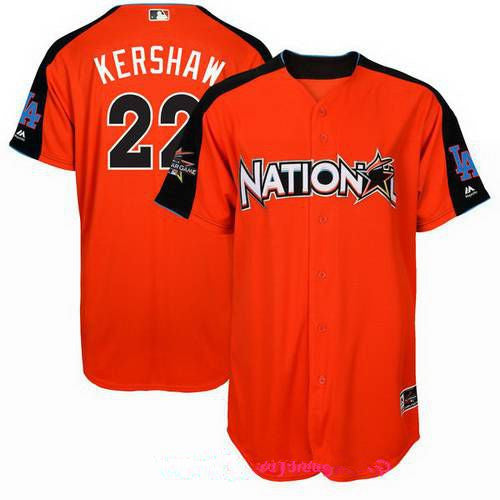 Mens National League Los Angeles Dodgers 22 Clayton Kershaw Majestic Orange 2017 Mlb All star Game Authentic Home Run Derby Jersey