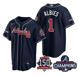 Mens Navy Atlanta Braves 1 Ozzie Albies 2021 World Series Champions With 150th Anniversary Patch Cool Base Stitched Jersey