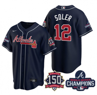 Mens Navy Atlanta Braves 12 Jorge Soler 2021 World Series Champions With 150th Anniversary Patch Cool Base Stitched Jersey