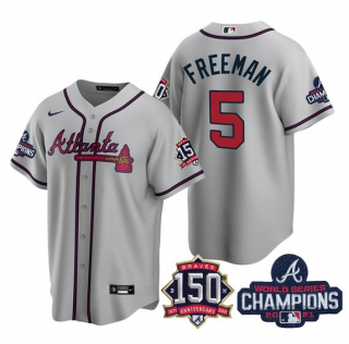 Mens Navy Atlanta Braves 5 Freddie Freeman 2021 World Series Champions With 150th Anniversary Patch Cool Base Stitched Jersey