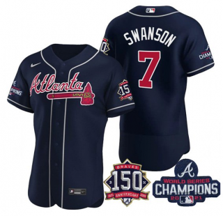 Mens Navy Atlanta Braves 7 Dansby Swanson 2021 World Series Champions With 150th Anniversary Flex Base Stitched Jersey