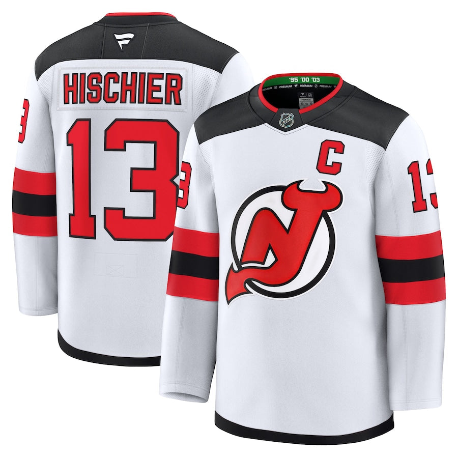 Men's New Jersey Devils #13 Nico Hischier Away Premium Jersey White
