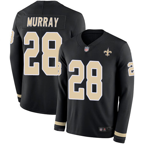 Mens New Orleans Saints 28 Latavius Murray Black Team Color Mens Stitched Football Limited Therma Long Sleeve Jersey