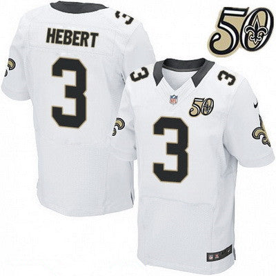 Mens New Orleans Saints 3 Bobby Hebert White 50th Season Patch Stitched Nfl Nike Elite Jersey