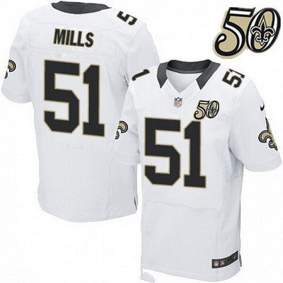 Mens New Orleans Saints 51 Sam Mills White 50th Season Patch Stitched Nfl Nike Elite Jersey