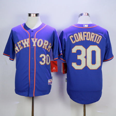 Mens New York Mets 30 Michael Conforto Blue With Gray Cool Base Baseball Jersey