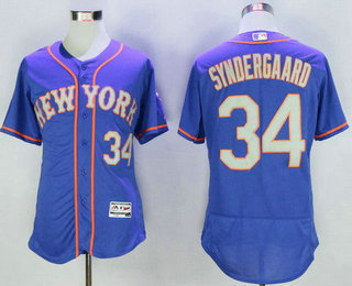Mens New York Mets 34 Noah Syndergaard Blue With Gray Stitched Mlb 2016 Majestic Flex Base Jersey