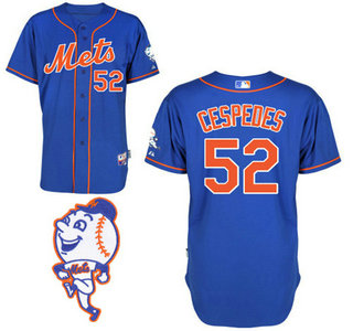 Mens New York Mets 52 Yoenis Cespedes Alternate Blue With Orange Mlb Cool Base Jersey With 2015 Mr Met Patch