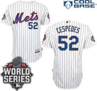 Mens New York Mets 52 Yoenis Cespedes Home White Pinstripe 2015 World Series Patch Jersey