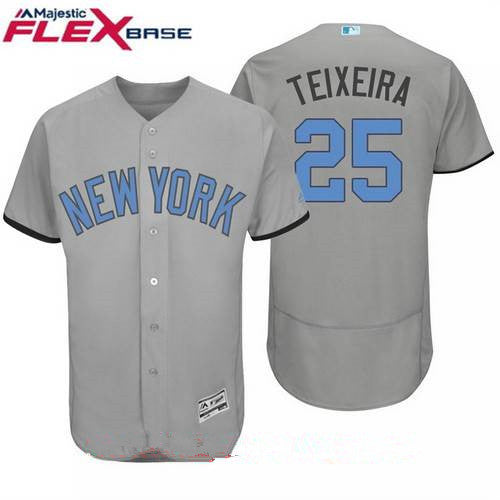 Mens New York Yankees 25 Mark Teixeira Name Gray With Baby Blue Fathers Day Stitched Mlb Majestic Flex Base Jersey