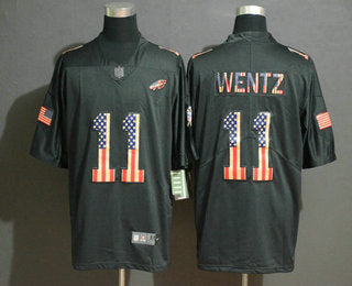 Mens Philadelphia Eagles 11 Carson Wentz 2019 Black Salute To Service Usa Flag Fashion Limited Jersey