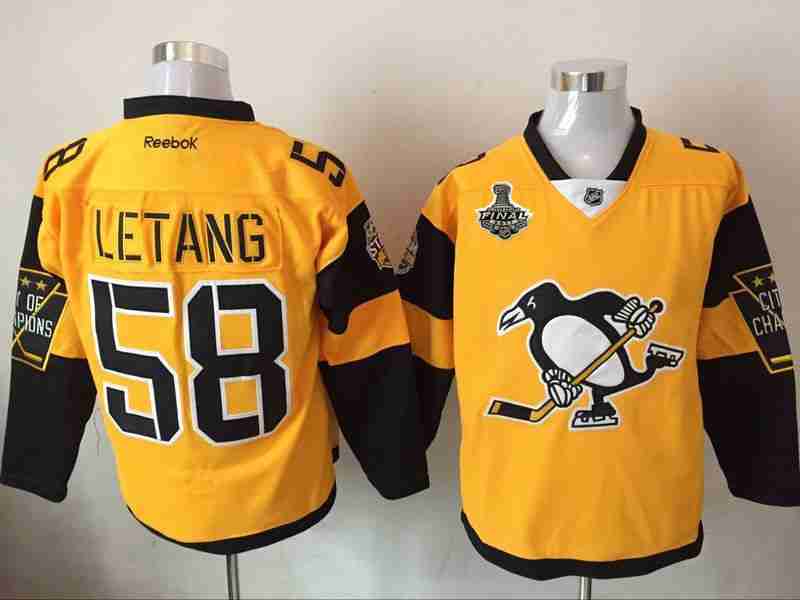 Mens Pittsburgh Penguins 58 Kris Letang Yellow Stadium Series 2017 Stanley Cup Finals Patch Stitched Nhl Reebok Hockey Jersey