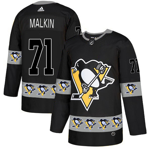 Mens Pittsburgh Penguins 71 Evgeni Malkin Black Team Logos Fashion Adidas Jersey
