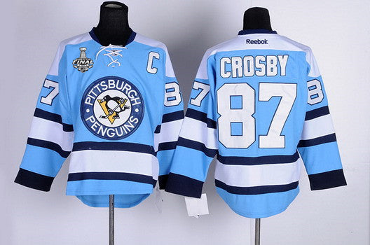 Mens Pittsburgh Penguins 87 Sidney Crosby Light Blue 2017 Stanley Cup Nhl Finals C Patch Jersey