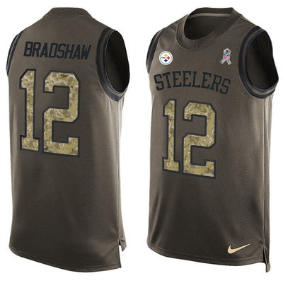 Mens Pittsburgh Steelers 12 Terry Bradshaw Green Salute To Service Hot Pressing Player Name Number Nike Nfl Tank Top Jersey