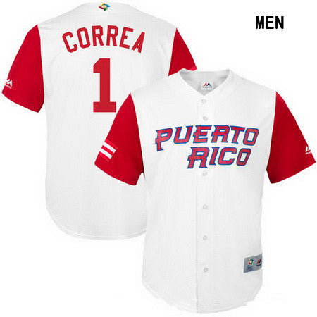 Mens Puerto Rico Baseball 1 Carlos Correa Majestic White 2017 World Baseball Classic Stitched Replica Jersey
