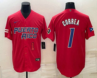 Mens Puerto Rico Baseball 1 Carlos Correa Number 2023 Red World Baseball Classic Stitched Jersey